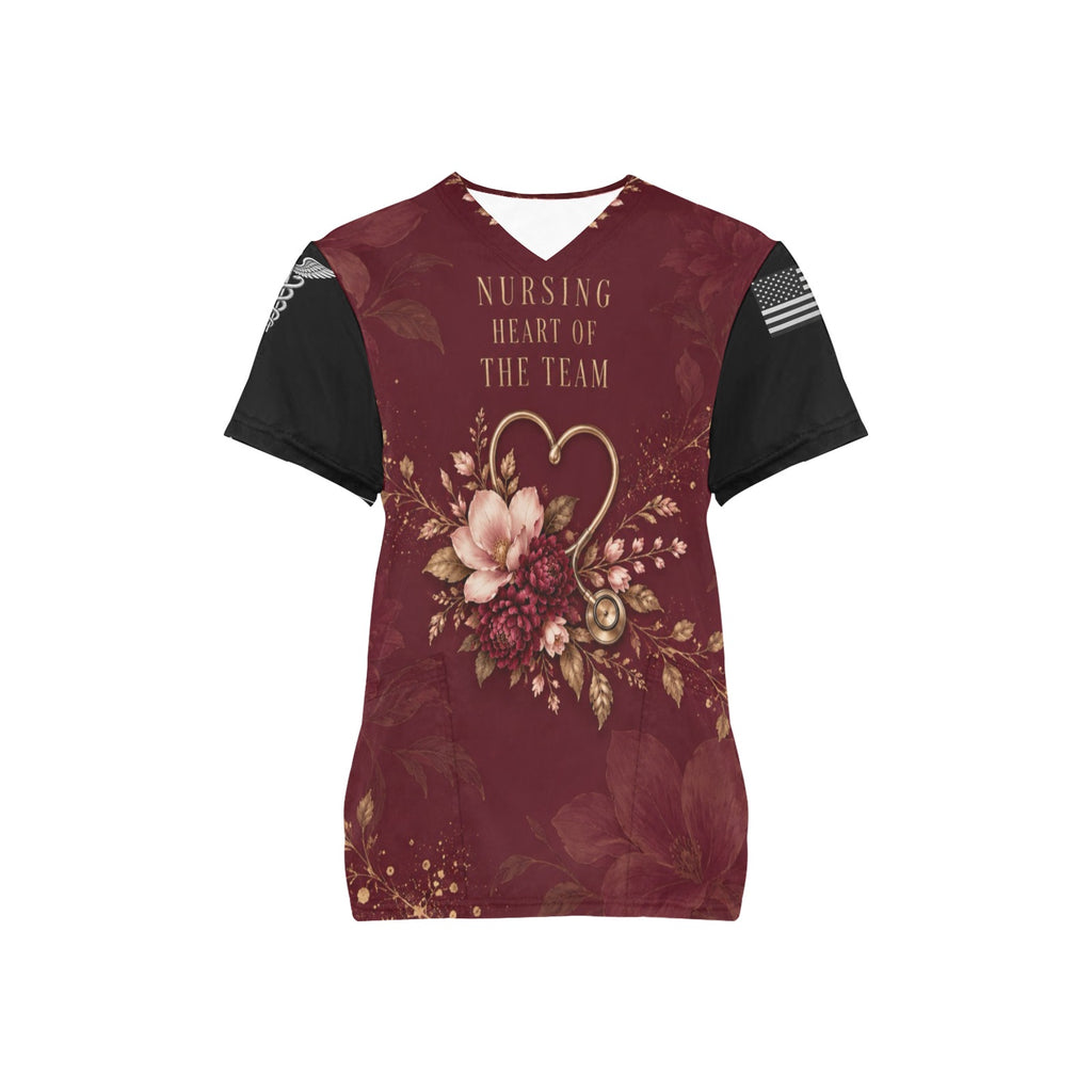 Burgundy Bloom — Nursing All-Over Print Scrub Top