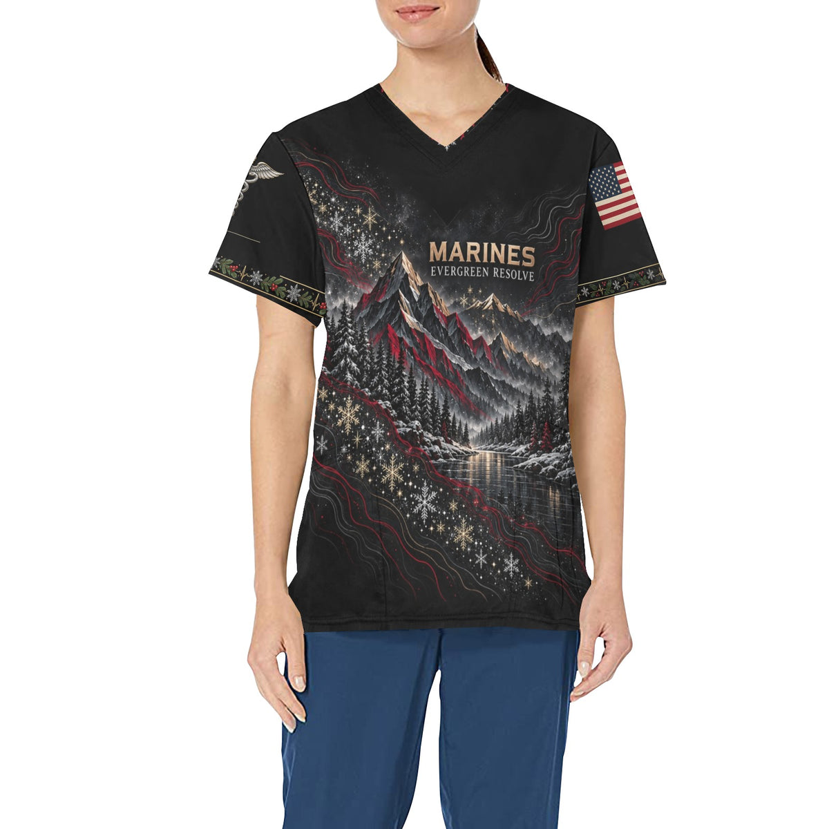 Evergreen Resolve — Marine Corps Christmas All-Over Print Scrub Top