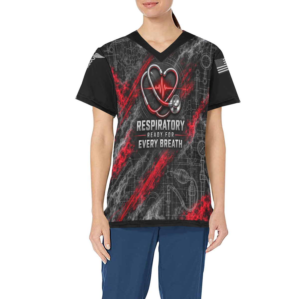 Crimson Code Respiratory — All-Over Print Scrub Top