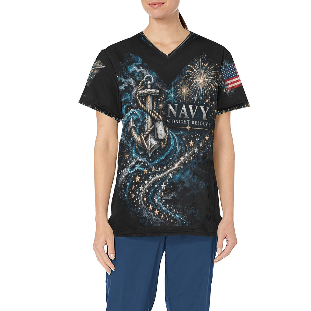 Midnight Resolve — Navy New Year's All-Over Print Scrub Top