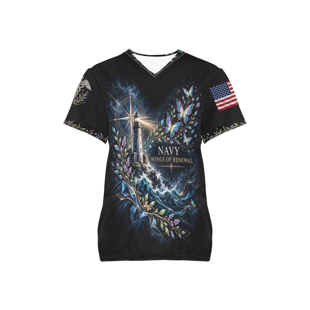 Wings of Renewal — Navy Easter All-Over Print Scrub Top
