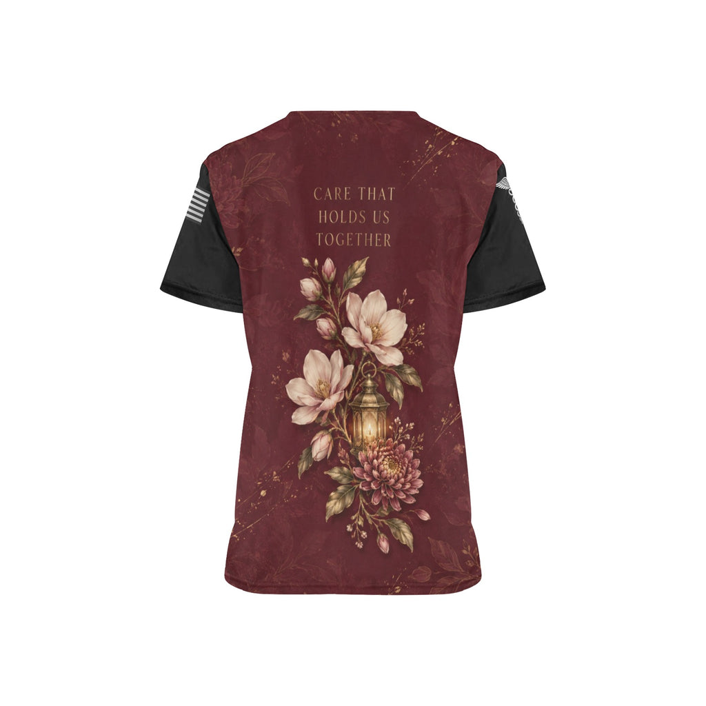 Burgundy Bloom — Nursing All-Over Print Scrub Top