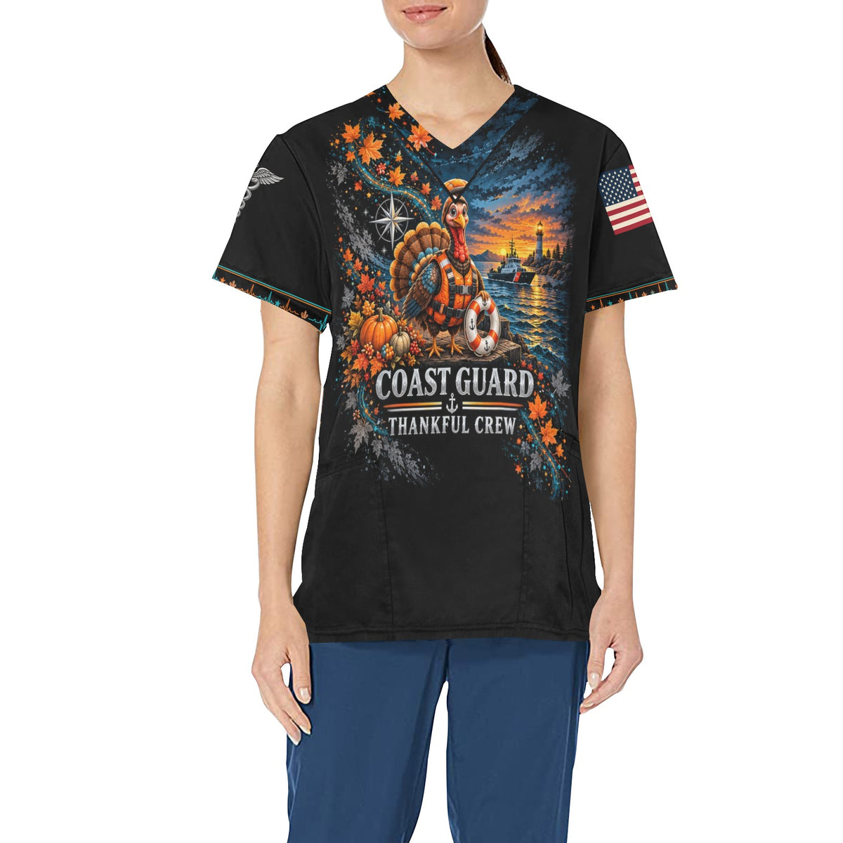 Thankful Crew — Coast Guard Thanksgiving All-Over Print Scrub Top