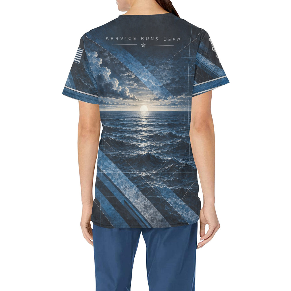 Steel Horizon — Navy Veteran All-Over Print Scrub Top