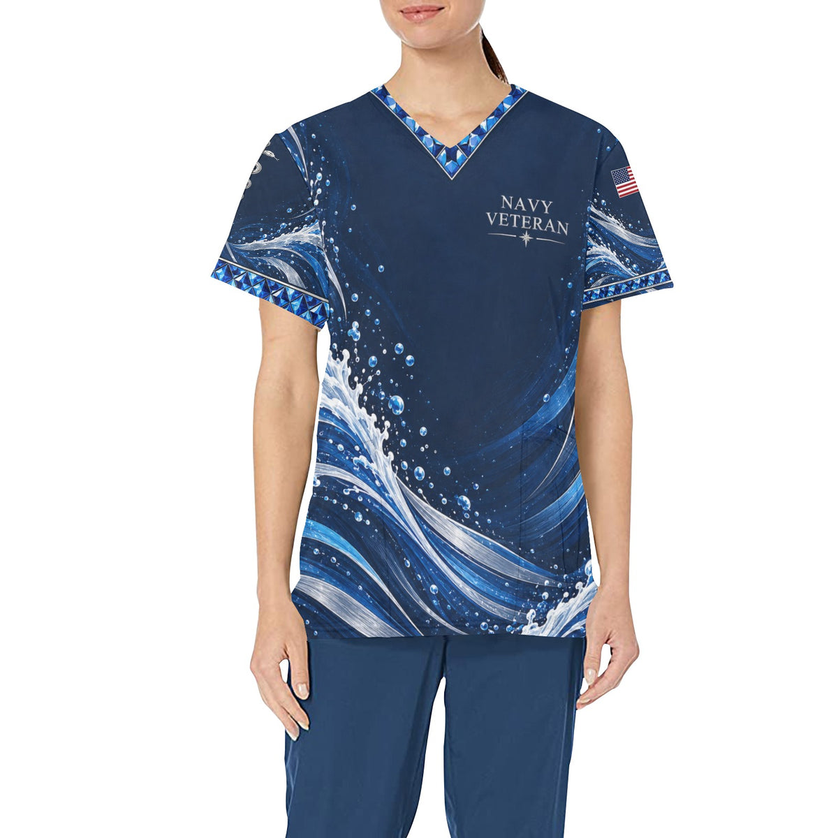 Sapphire Tide — Navy Veteran All-Over Print Scrub Top
