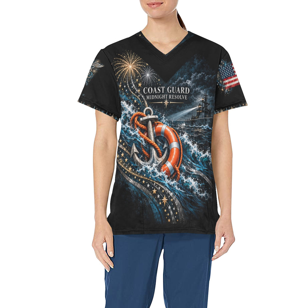 Midnight Resolve — Coast Guard New Year's All-Over Print Scrub Top