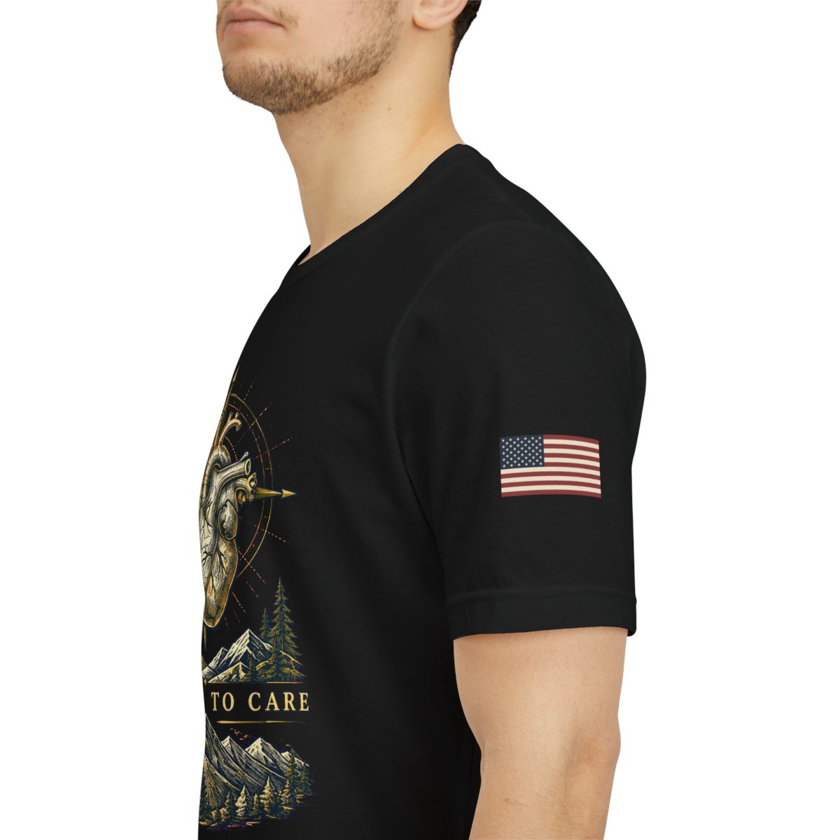 Courage to Care — Military Medical T-Shirt — wearer-left U.S. flag on upper sleeve; supplier mockup