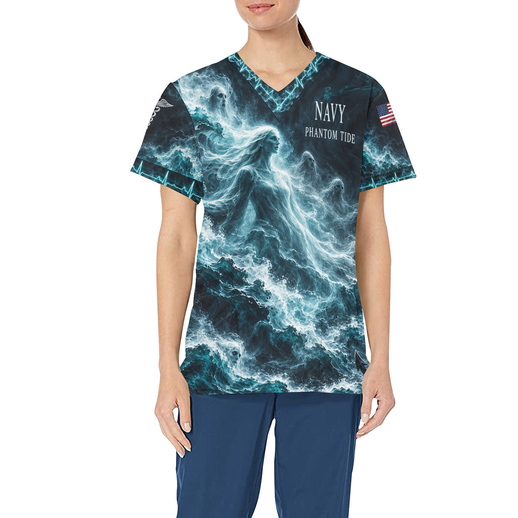 Phantom Tide — Navy Halloween All-Over Print Scrub Top