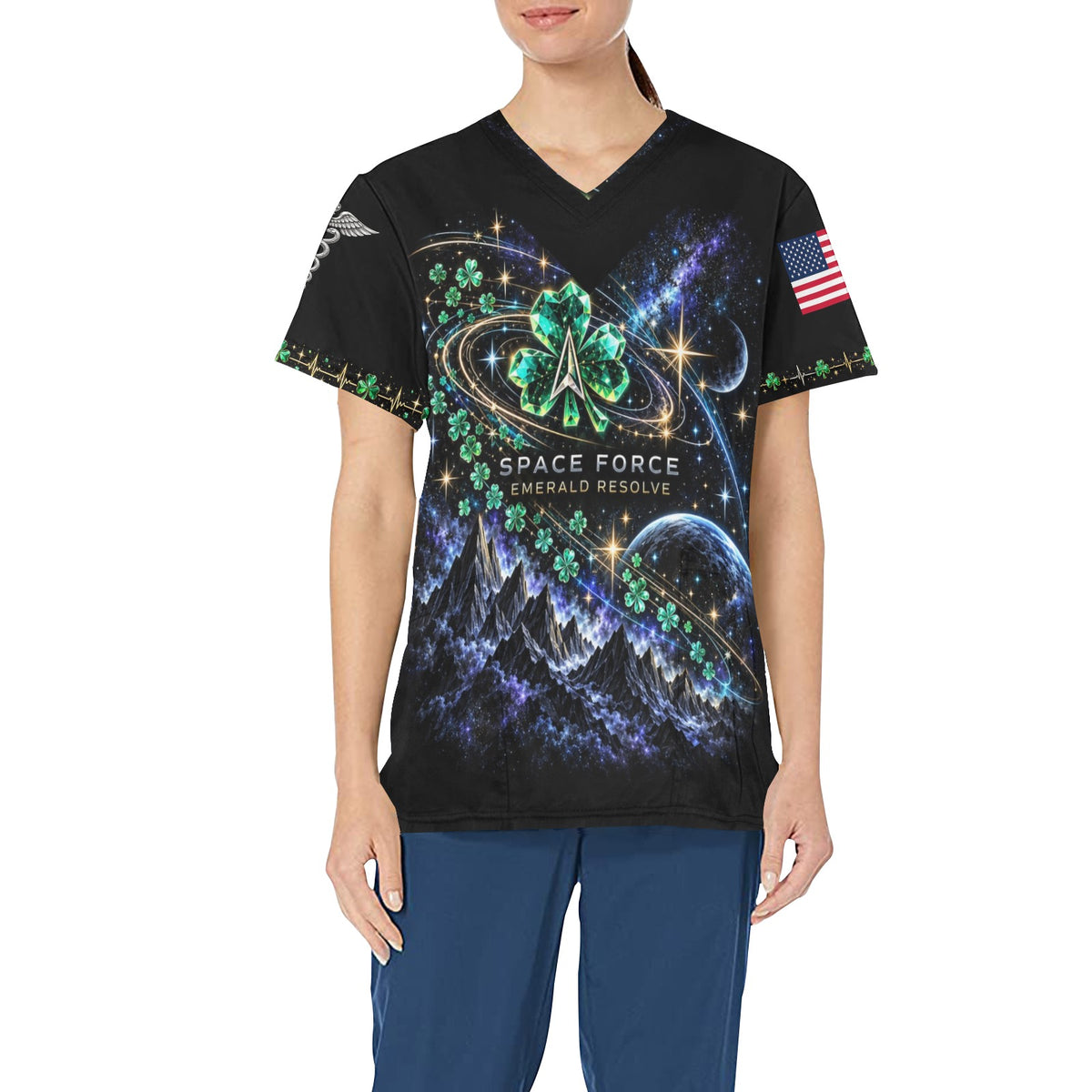 Emerald Resolve — Space Force St. Patrick's Day All-Over Print Scrub Top