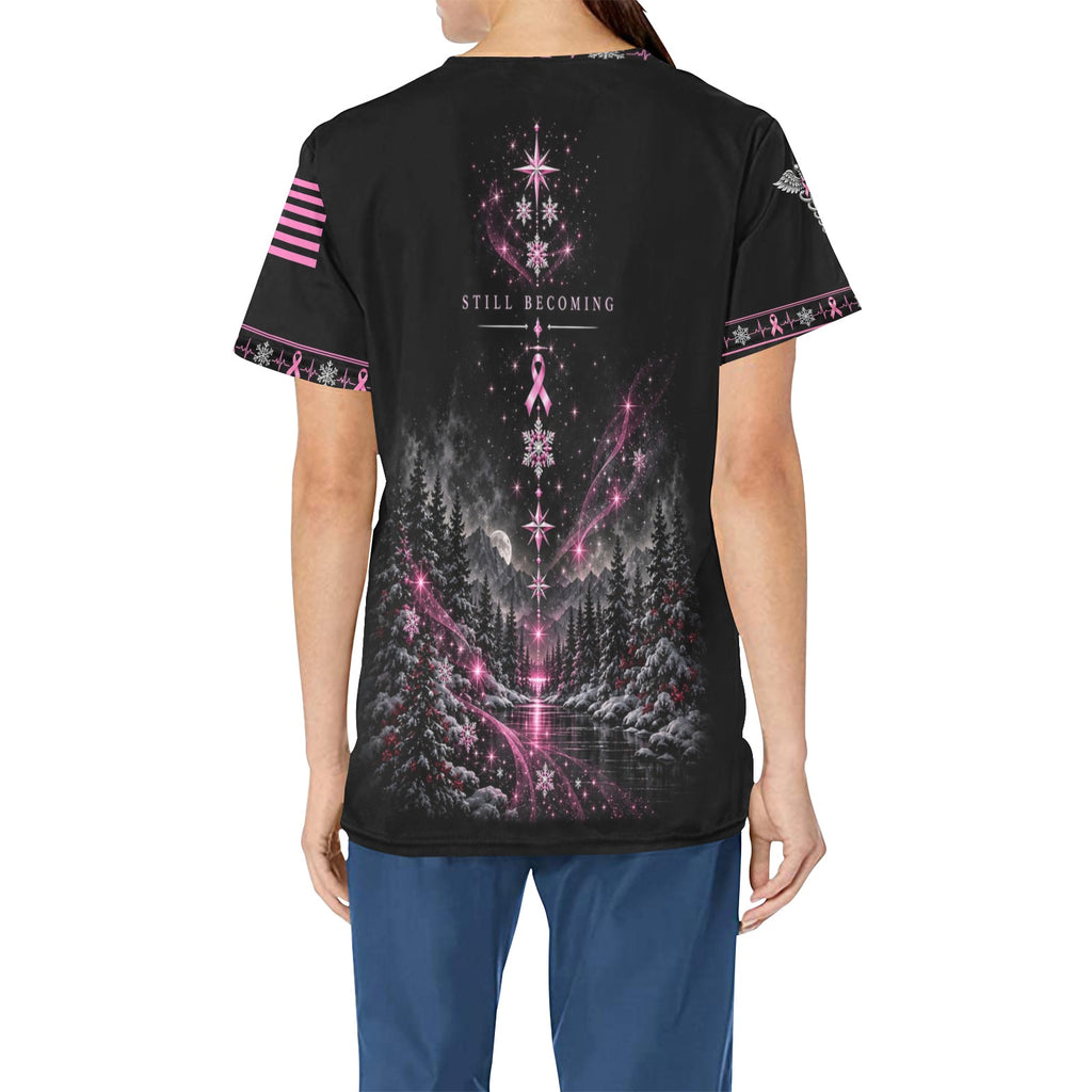 Evergreen Resolve — Breast Cancer Awareness Christmas All-Over Print Scrub Top