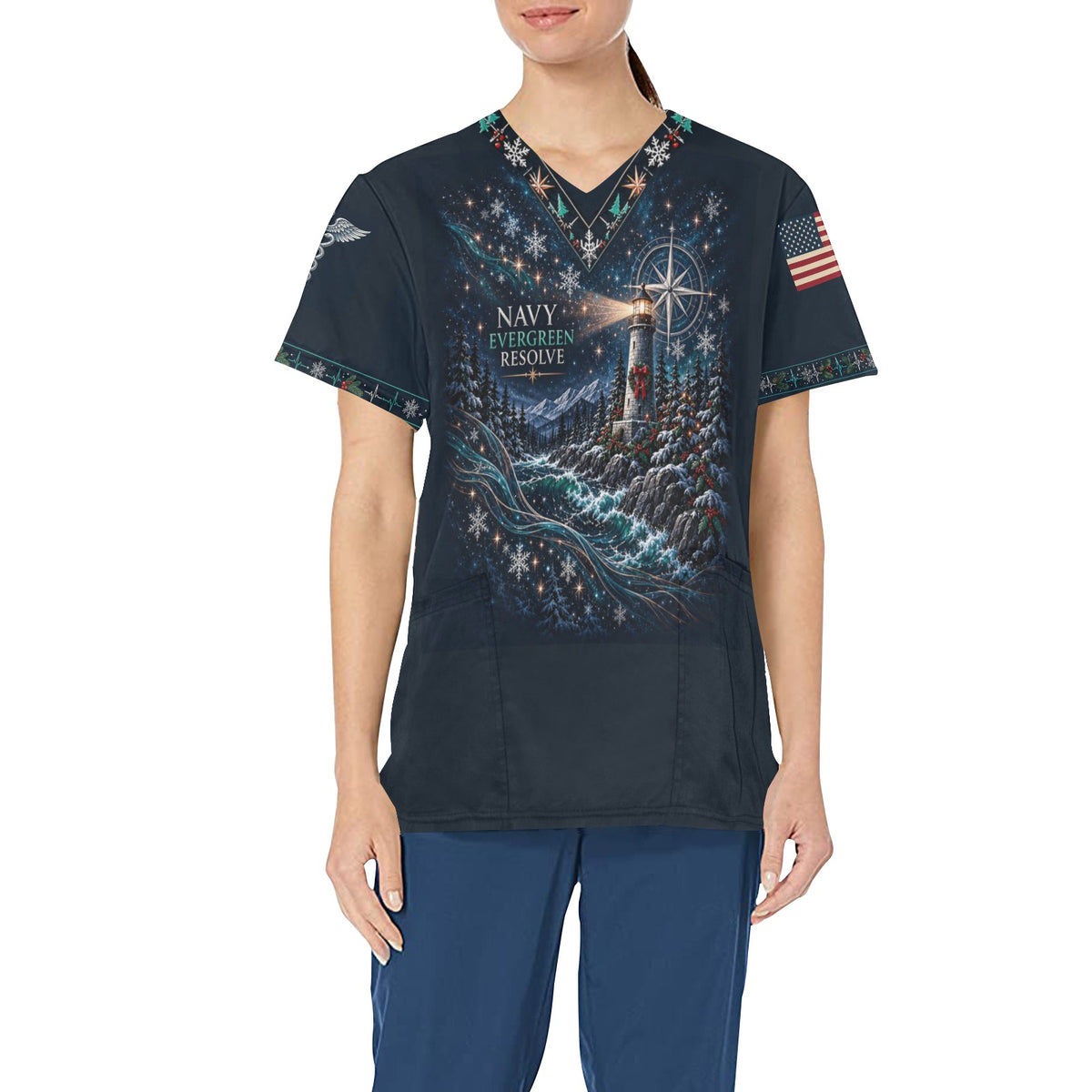 Evergreen Resolve — Navy Christmas All-Over Print Scrub Top