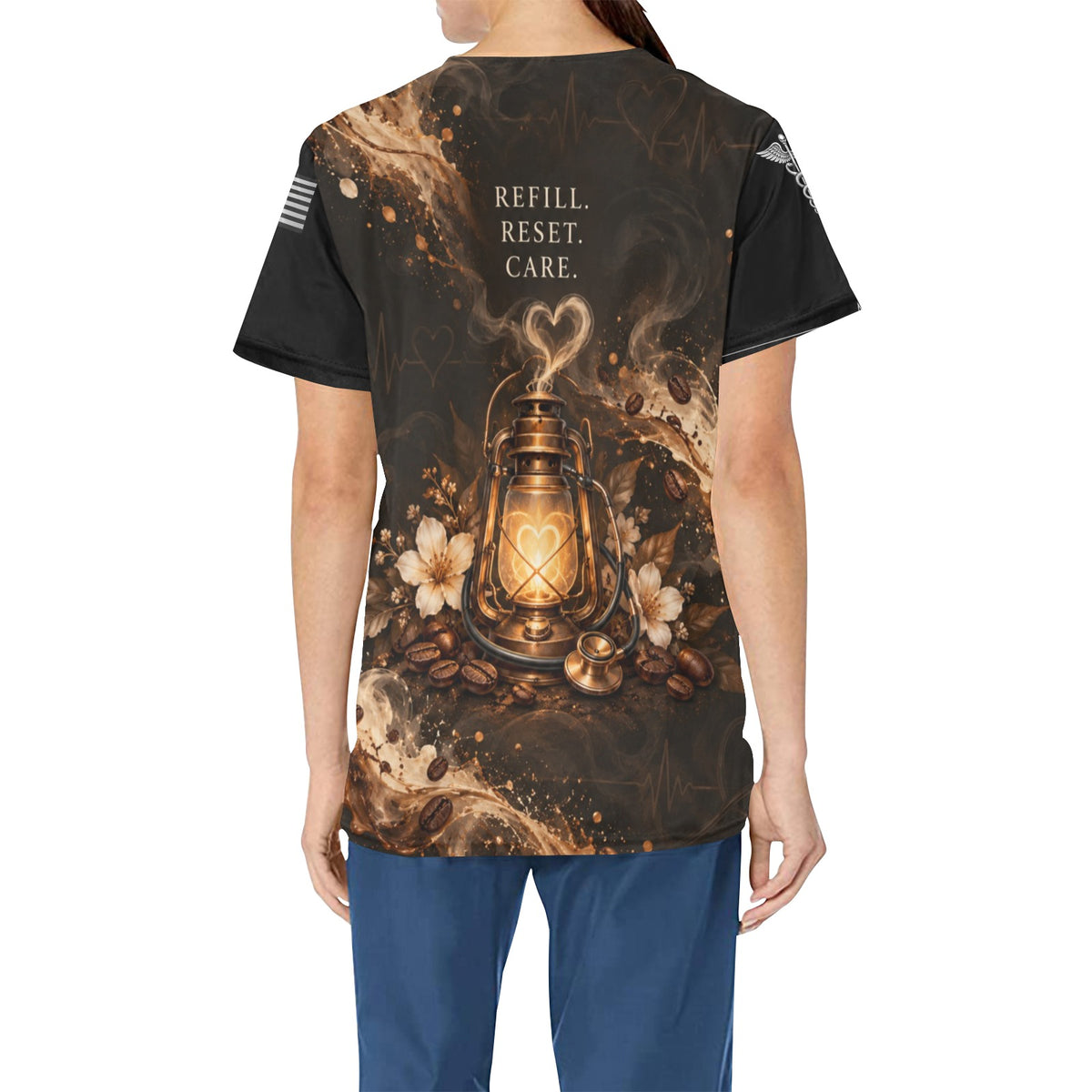 Caffeine & Compassion — Nursing All-Over Print Scrub Top