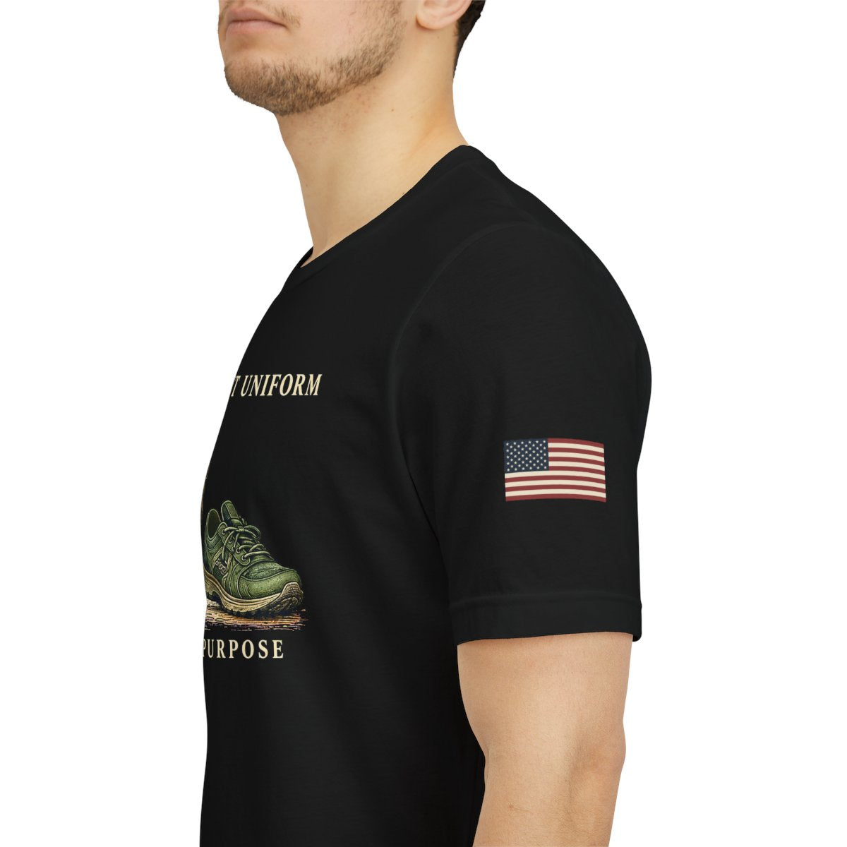 Different Uniform, Same Purpose — Military Medical T-Shirt — wearer-left U.S. flag on upper sleeve; supplier mockup