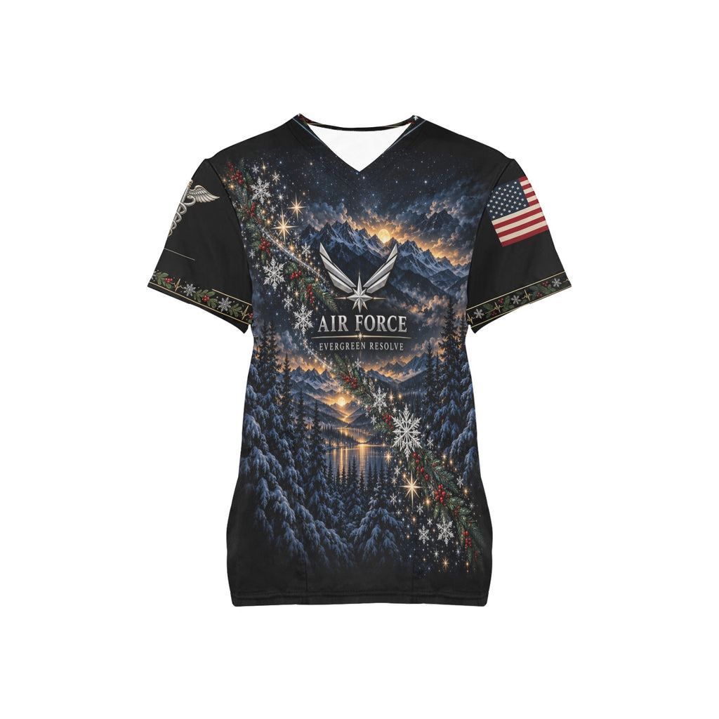 Evergreen Resolve — Air Force Christmas All-Over Print Scrub Top