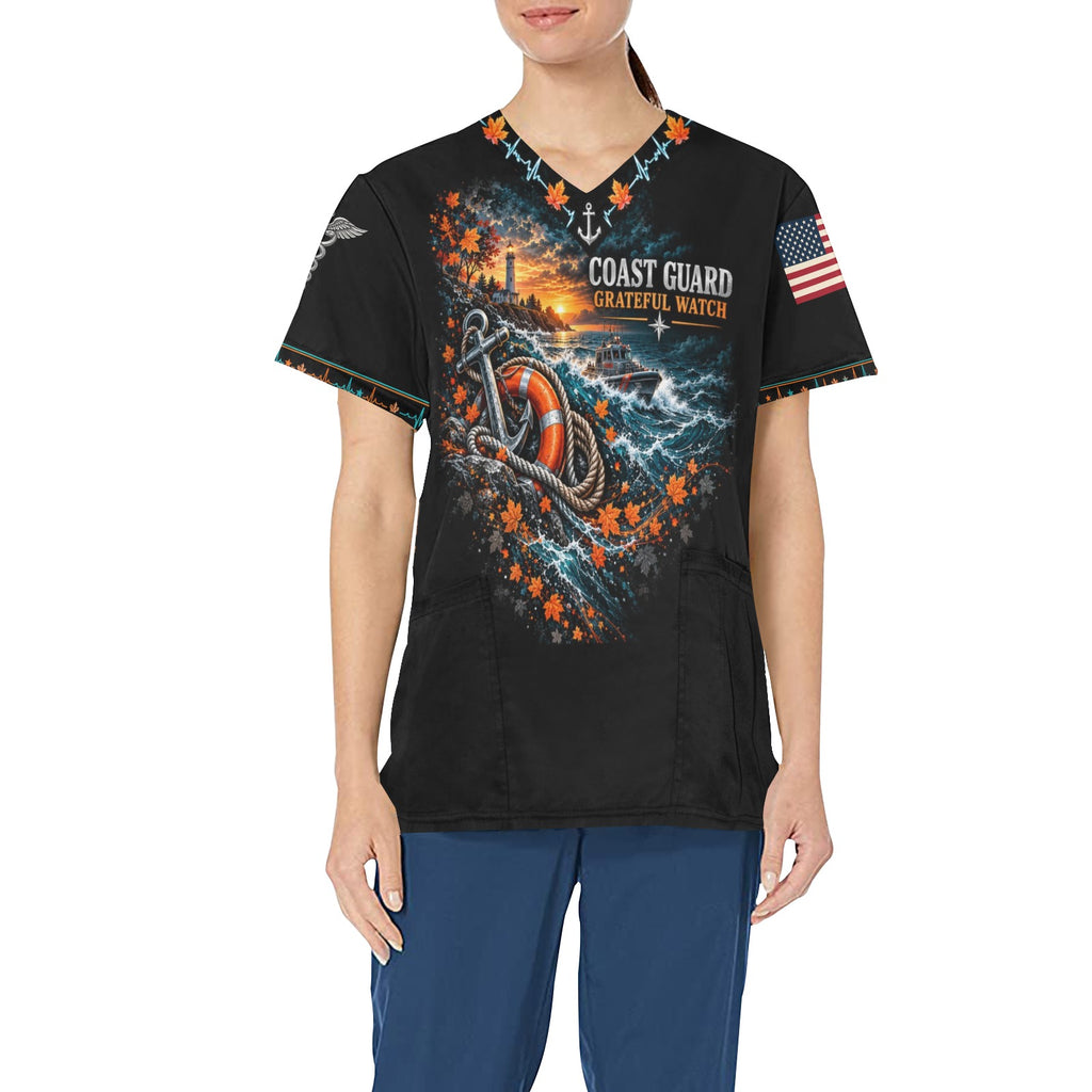 Grateful Watch — Coast Guard Thanksgiving All-Over Print Scrub Top