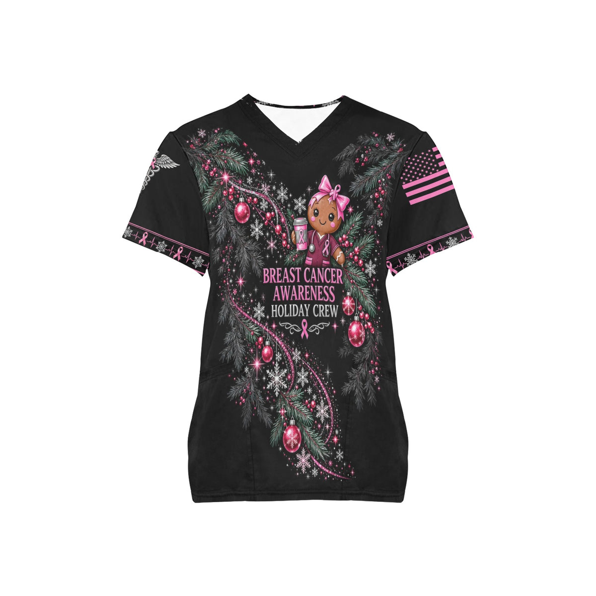 Holiday Crew — Breast Cancer Awareness Christmas All-Over Print Scrub Top