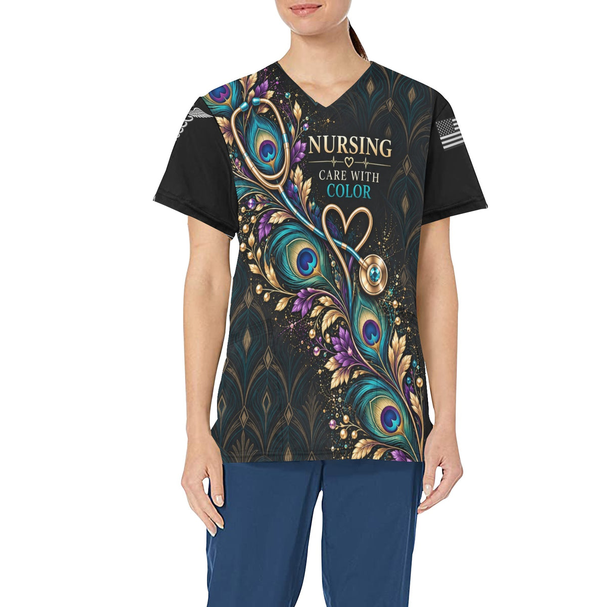 Peacock Shift — Nursing All-Over Print Scrub Top