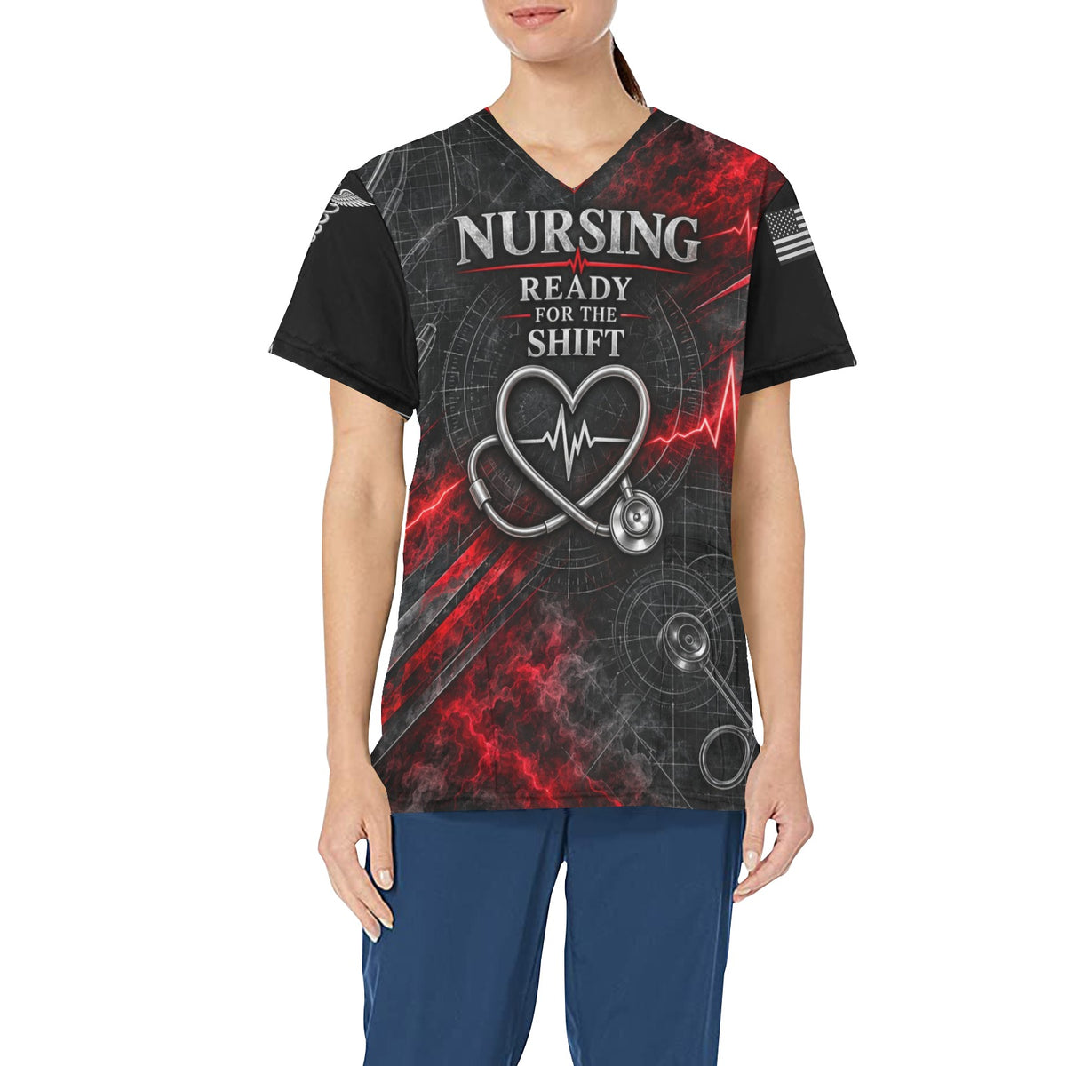 Crimson Code — Nursing All-Over Print Scrub Top