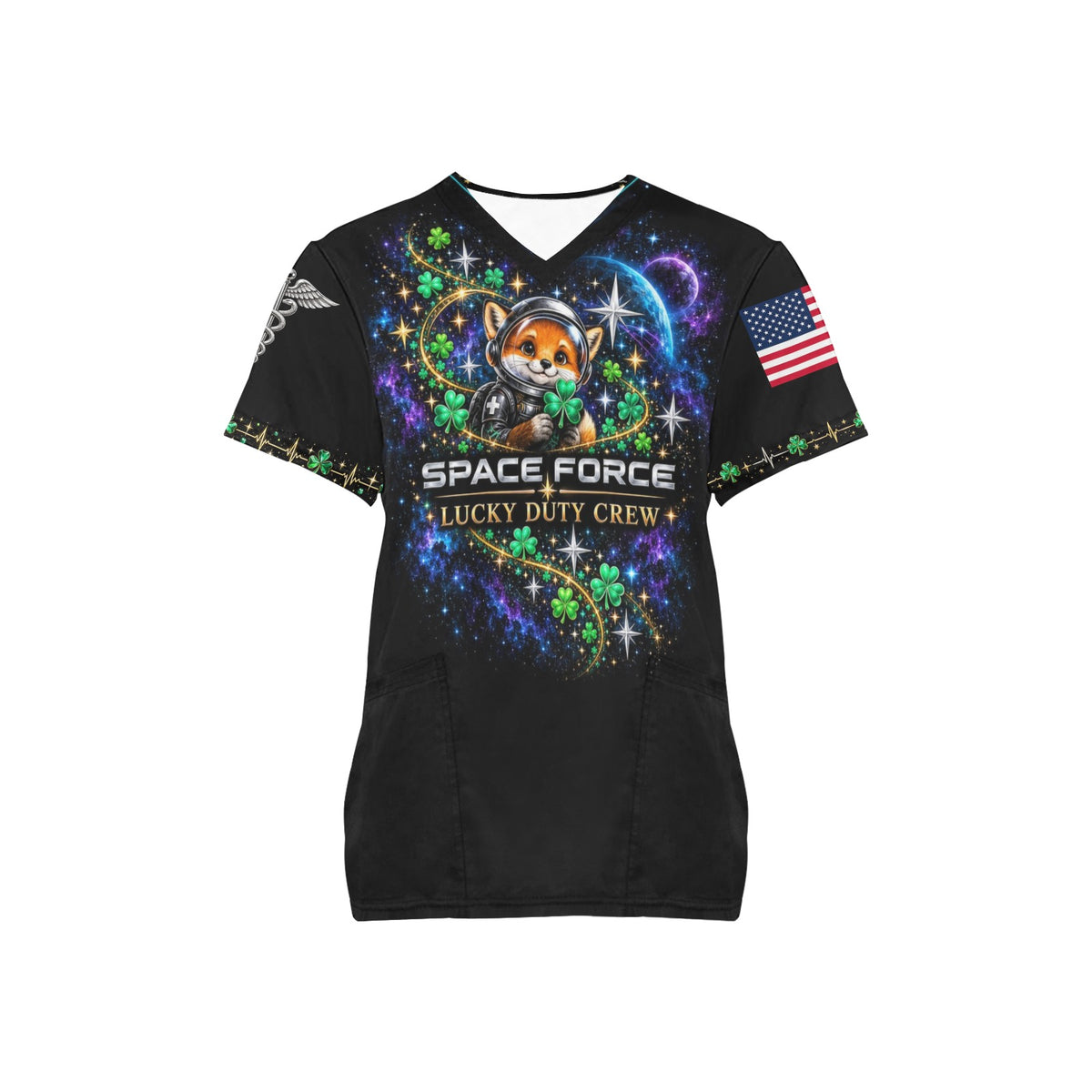 Lucky Duty Crew — Space Force St. Patrick's Day All-Over Print Scrub Top