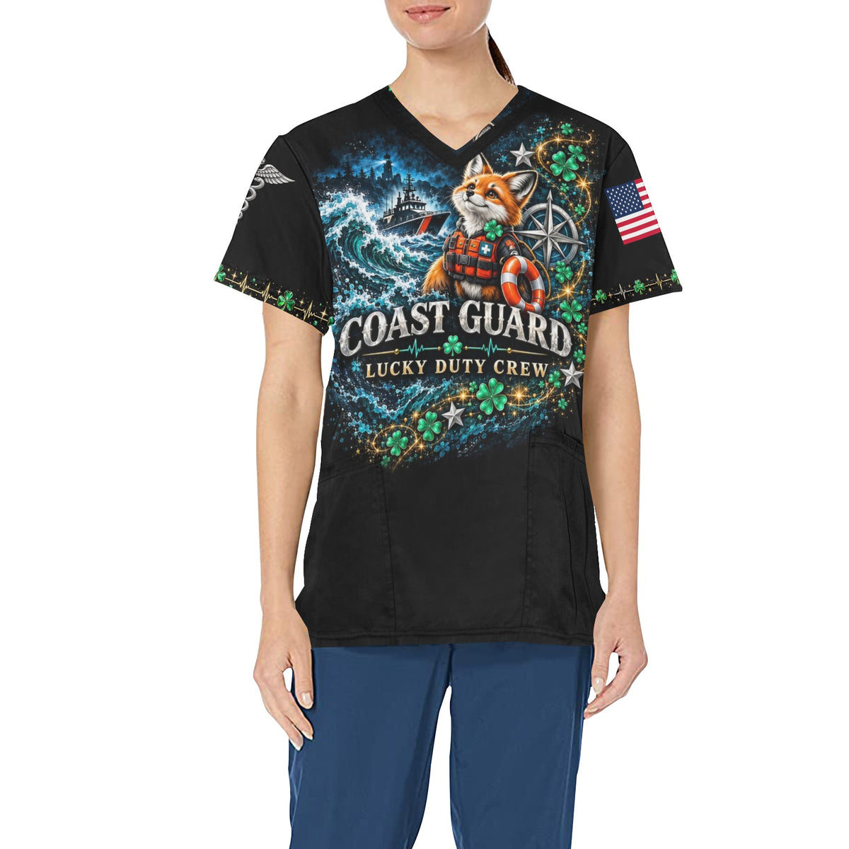 Lucky Duty Crew — Coast Guard St. Patrick's Day All-Over Print Scrub Top