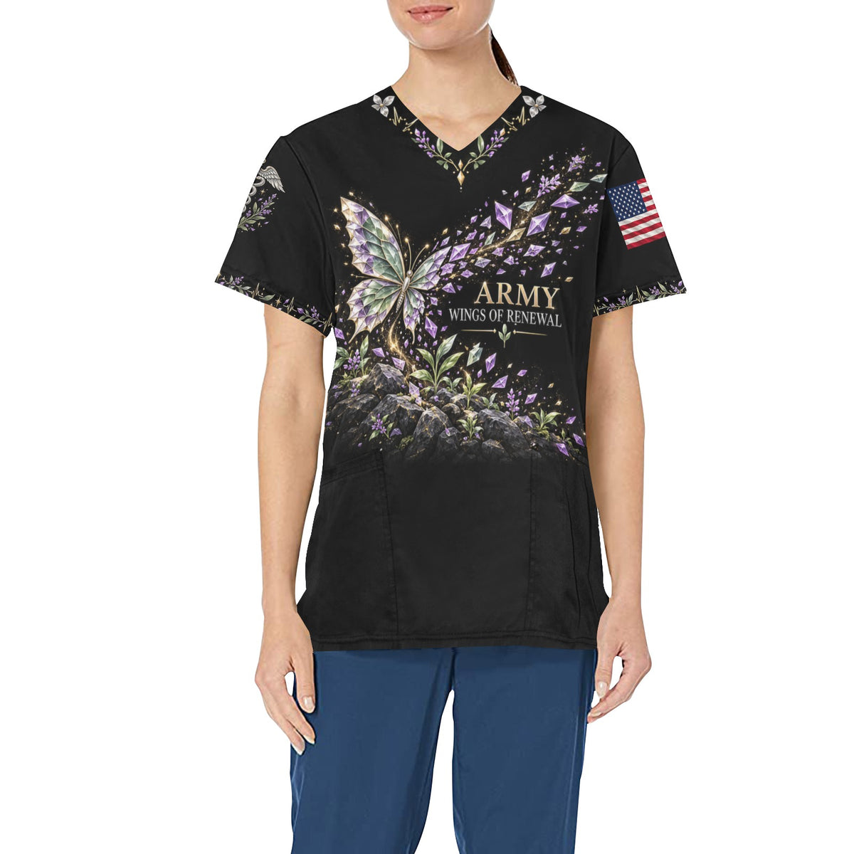 Wings of Renewal — Army Easter All-Over Print Scrub Top
