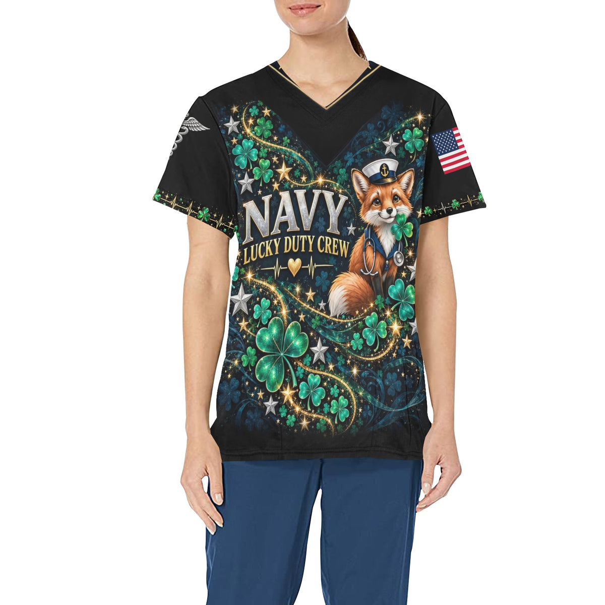 Lucky Duty Crew — Navy St. Patrick's Day All-Over Print Scrub Top