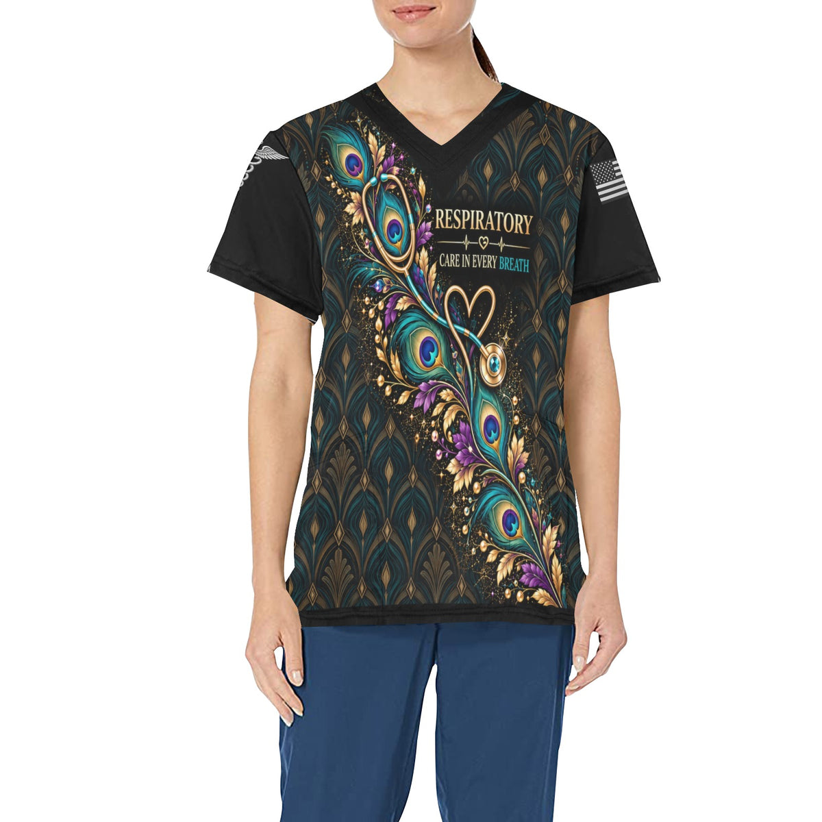 Peacock Respiratory — All-Over Print Scrub Top