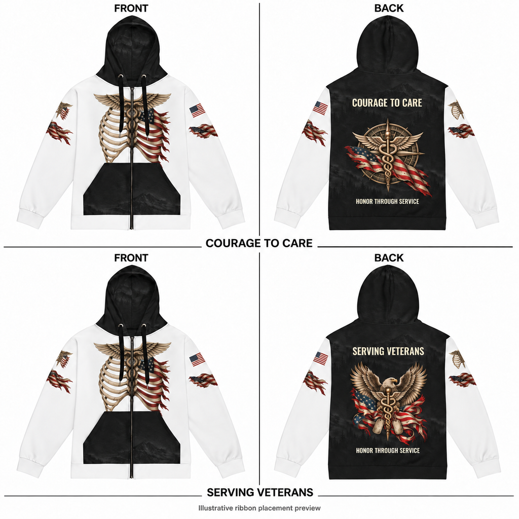 Illustrative front and back comparison of Courage to Care and Serving Veterans hoodies with flowing flag ribbons beneath both upper-arm emblems.