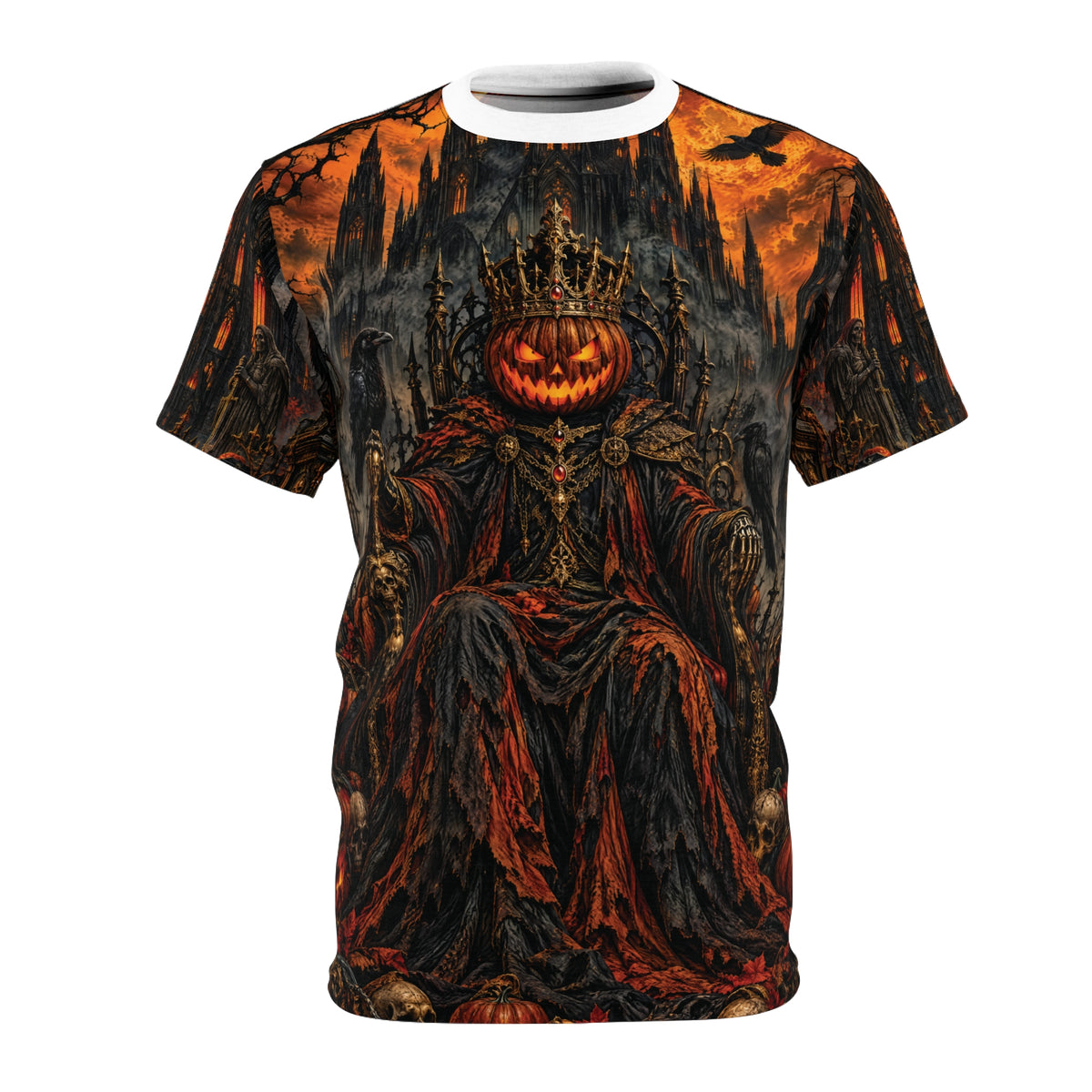 Midnight Pumpkin Sovereign actual supplier front mockup with printed sleeves and white collar