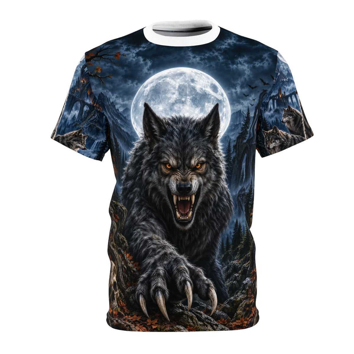 Moonfang Howl actual supplier front with complete moon and wolf heads below neckline