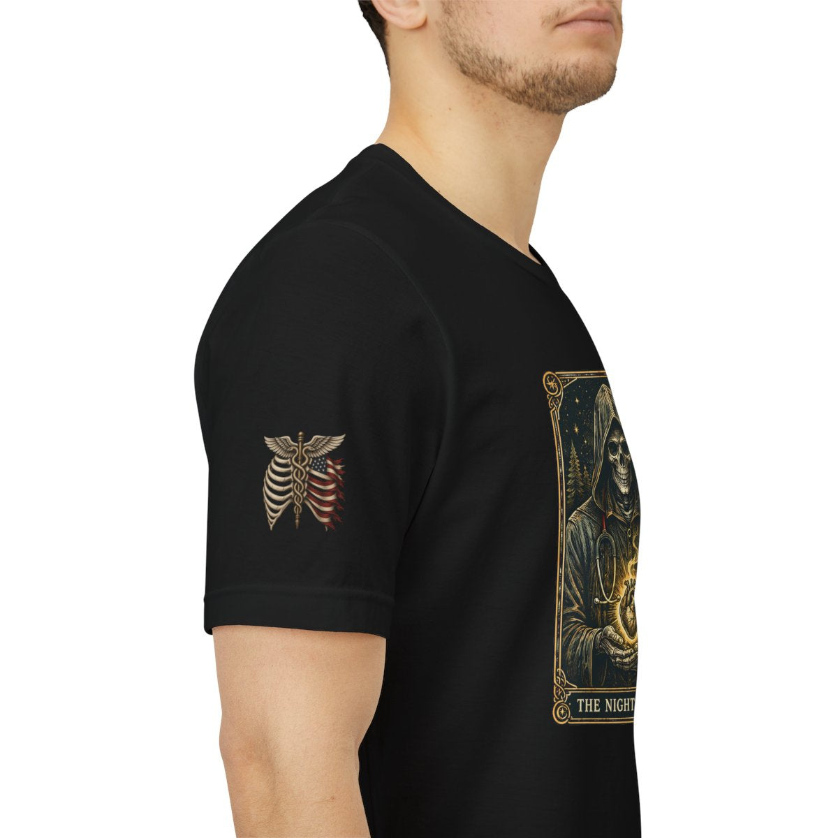 The Night Watch — Gothic Medical T-Shirt — wearer-right thorax and caduceus emblem on upper sleeve; supplier mockup